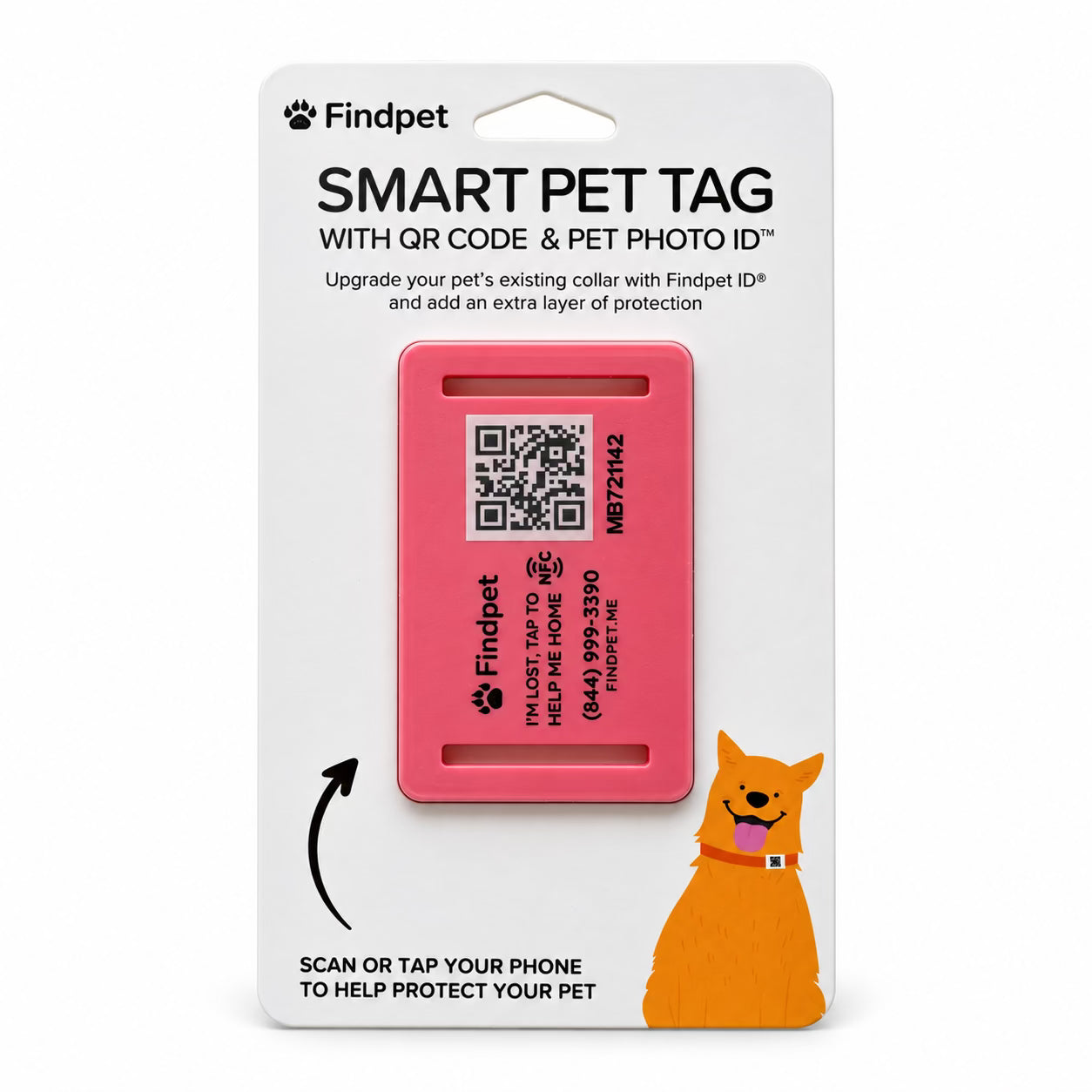Pink Findpet silicone pet ID tag, size medium, in retail packaging