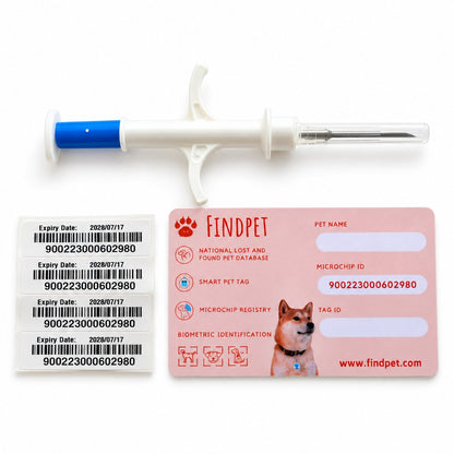 Findpet microchip kit with implanter, barcode labels and owner card