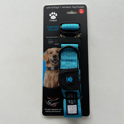 Light blue Findpet smart dog collar with QR and NFC ID patch