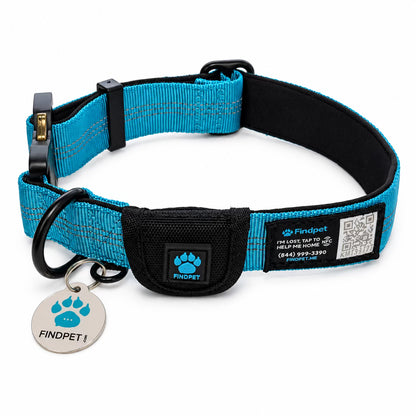 Light blue Findpet smart dog collar with QR and NFC ID patch, open view