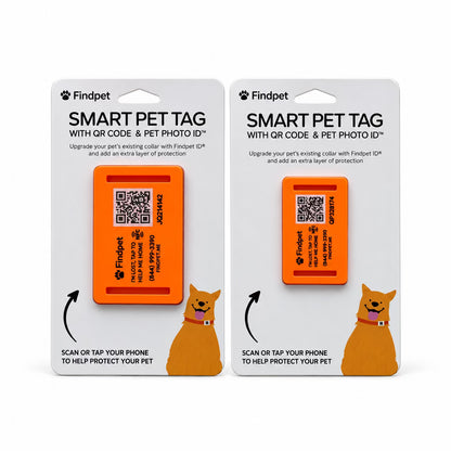 Orange Findpet silicone QR and NFC pet ID tags, sizes small and medium