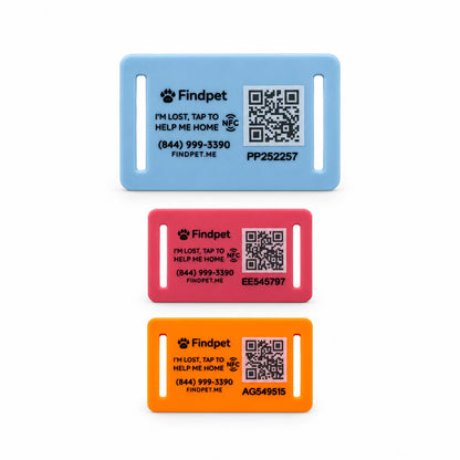 Findpet silicone QR and NFC pet ID tags in multiple colors and sizes