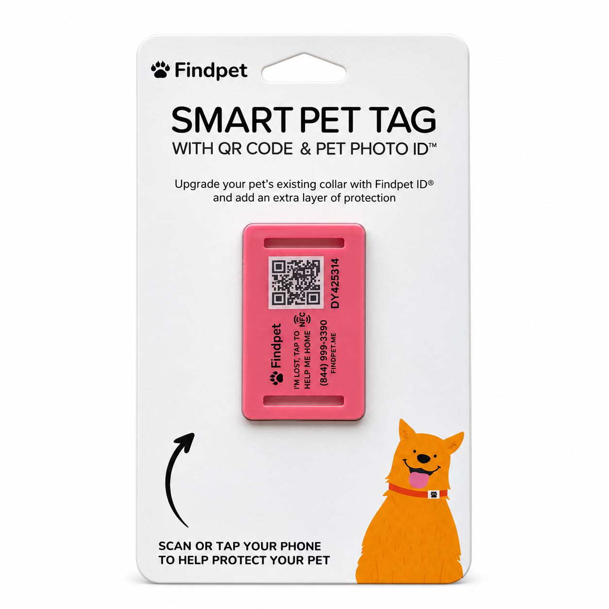 Pink Findpet silicone pet ID tag, size small, in retail packaging